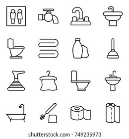 thin line icon set : wc, water tap, sink, toilet, towel, shampoo, plunger, hanger, bath, brush, paper