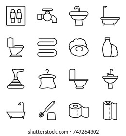 thin line icon set : wc, water tap, sink, bath, toilet, towel, soap, shampoo, plunger, hanger, brush, paper