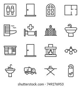 thin line icon set : wc, door, arch window, plan, hotel, hospital, sink, wardrobe, fireplace, hard reach place cleaning, water tap, home call, iron board, please clean