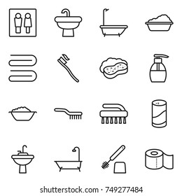 thin line icon set : wc, sink, bath, washing, towel, tooth brush, sponge with foam, liquid soap, basin, cleanser powder, water tap, toilet, paper