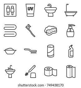 thin line icon set : wc, uv cream, sink, bath, towel, tooth brush, sponge with foam, liquid soap, basin, cleanser powder, toilet, water tap, paper