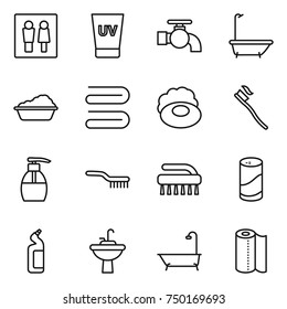 thin line icon set : wc, uv cream, water tap, bath, washing, towel, soap, tooth brush, liquid, cleanser powder, toilet, sink, paper
