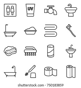thin line icon set : wc, uv cream, water tap, sink, bath, washing, towel, tooth brush, sponge with foam, cleanser powder, toilet, paper