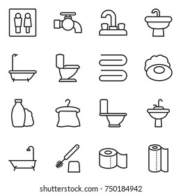 thin line icon set : wc, water tap, sink, bath, toilet, towel, soap, shampoo, hanger, brush, paper