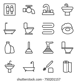 thin line icon set : wc, water tap, sink, bath, toilet, towel, soap, shampoo, plunger, brush, paper