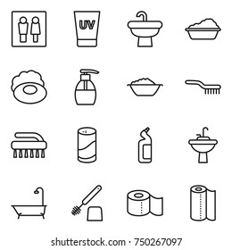 thin line icon set : wc, uv cream, sink, washing, soap, liquid, foam basin, brush, cleanser powder, toilet, water tap, bath, paper, towel
