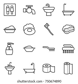 thin line icon set : wc, water tap, sink, bath, washing, soap, tooth brush, sponge with foam, liquid, basin, toilet paper, towel