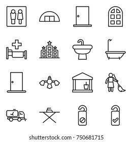 thin line icon set : wc, hangare, door, arch window, hospital, hotel, sink, bath, hard reach place cleaning, utility room, brooming, home call, iron board, do not distrub, please clean