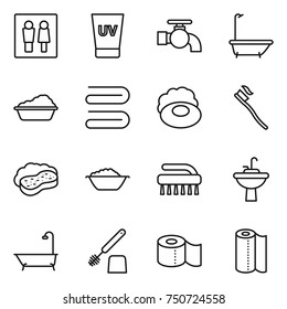 thin line icon set : wc, uv cream, water tap, bath, washing, towel, soap, tooth brush, sponge with foam, basin, sink, toilet, paper