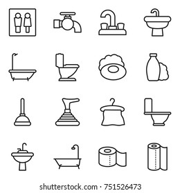 thin line icon set : wc, water tap, sink, bath, toilet, soap, shampoo, plunger, hanger, paper, towel