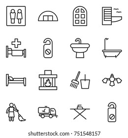 thin line icon set : wc, hangare, arch window, hotel, hospital, do not distrub, sink, bath, bed, fireplace, bucket and broom, hard reach place cleaning, brooming, home call, iron board