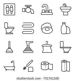 thin line icon set : wc, water tap, sink, toilet, towel, soap, shampoo, plunger, hanger, bath, brush, paper