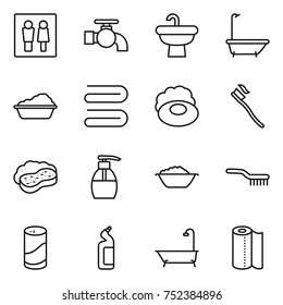thin line icon set : wc, water tap, sink, bath, washing, towel, soap, tooth brush, sponge with foam, liquid, basin, cleanser powder, toilet, paper