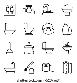 thin line icon set : wc, water tap, sink, bath, toilet, soap, shampoo, plunger, hanger, brush, paper, towel