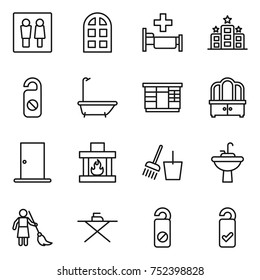 thin line icon set : wc, arch window, hospital, hotel, do not distrub, bath, wardrobe, dresser, door, fireplace, bucket and broom, water tap sink, brooming, iron board, please clean