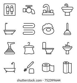 thin line icon set : wc, water tap, sink, bath, towel, soap, plunger, hanger, toilet, brush, paper