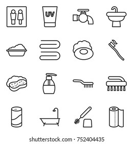 thin line icon set : wc, uv cream, water tap, sink, washing, towel, soap, tooth brush, sponge with foam, liquid, cleanser powder, bath, toilet, paper