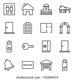 thin line icon set : wc, home, mansion, house with garage, door, arch window, plan, do not distrub, key, fridge, bell, welcome mat, please clean