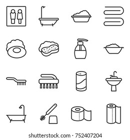 thin line icon set : wc, bath, washing, towel, soap, sponge with foam, liquid, basin, brush, cleanser powder, water tap sink, toilet, paper