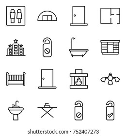 thin line icon set : wc, hangare, door, plan, hotel, do not distrub, bath, wardrobe, crib, fireplace, hard reach place cleaning, water tap sink, iron board, please clean