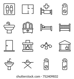 thin line icon set : wc, plan, hospital, do not distrub, sink, dresser, bed, crib, door, fireplace, hard reach place cleaning, utility room, water tap, iron board, please clean