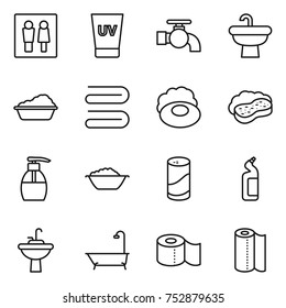 thin line icon set : wc, uv cream, water tap, sink, washing, towel, soap, sponge with foam, liquid, basin, cleanser powder, toilet, bath, paper