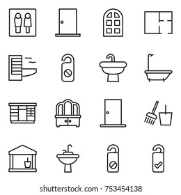 thin line icon set : wc, door, arch window, plan, hotel, do not distrub, sink, bath, wardrobe, dresser, bucket and broom, utility room, water tap, please clean