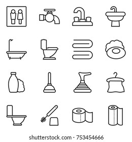 thin line icon set : wc, water tap, sink, bath, toilet, towel, soap, shampoo, plunger, hanger, brush, paper