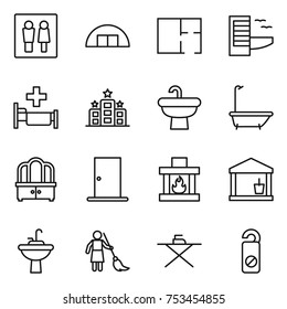 thin line icon set : wc, hangare, plan, hotel, hospital, sink, bath, dresser, door, fireplace, utility room, water tap, brooming, iron board, do not distrub