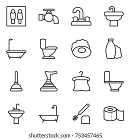 thin line icon set : wc, water tap, sink, bath, toilet, soap, shampoo, plunger, hanger, brush, paper