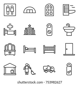thin line icon set : wc, hangare, arch window, hotel, hospital, do not distrub, sink, dresser, bed, crib, door, utility room, brooming, home call cleaning, please clean