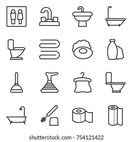 thin line icon set : wc, water tap, sink, bath, toilet, towel, soap, shampoo, plunger, hanger, brush, paper