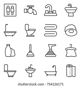 thin line icon set : wc, water tap, sink, bath, toilet, towel, soap, shampoo, plunger, hanger, paper