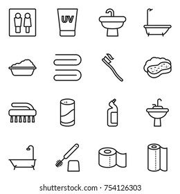 thin line icon set : wc, uv cream, sink, bath, washing, towel, tooth brush, sponge with foam, cleanser powder, toilet, water tap, paper