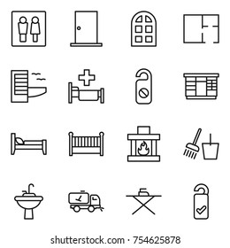 thin line icon set : wc, door, arch window, plan, hotel, hospital, do not distrub, wardrobe, bed, crib, fireplace, bucket and broom, water tap sink, home call cleaning, iron board, please clean