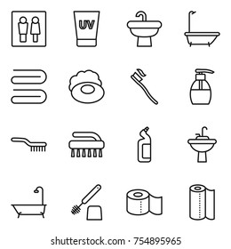thin line icon set : wc, uv cream, sink, bath, towel, soap, tooth brush, liquid, toilet cleanser, water tap, paper