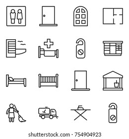 thin line icon set : wc, door, arch window, plan, hotel, hospital, do not distrub, wardrobe, bed, crib, utility room, brooming, home call cleaning, iron board
