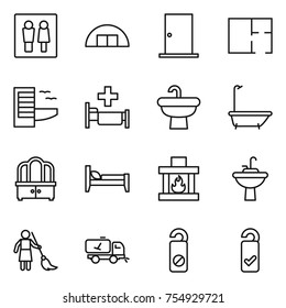 thin line icon set : wc, hangare, door, plan, hotel, hospital, sink, bath, dresser, bed, fireplace, water tap, brooming, home call cleaning, do not distrub, please clean