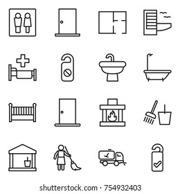 thin line icon set : wc, door, plan, hotel, hospital, do not distrub, sink, bath, crib, fireplace, bucket and broom, utility room, brooming, home call cleaning, please clean