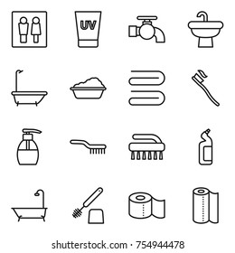 thin line icon set : wc, uv cream, water tap, sink, bath, washing, towel, tooth brush, liquid soap, toilet cleanser, paper