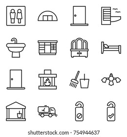 thin line icon set : wc, hangare, door, hotel, sink, wardrobe, dresser, bed, fireplace, bucket and broom, hard reach place cleaning, utility room, home call, do not distrub, please clean