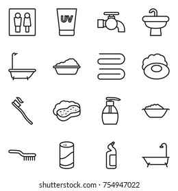 thin line icon set : wc, uv cream, water tap, sink, bath, washing, towel, soap, tooth brush, sponge with foam, liquid, basin, cleanser powder, toilet