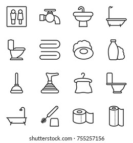 thin line icon set : wc, water tap, sink, bath, toilet, towel, soap, shampoo, plunger, hanger, brush, paper