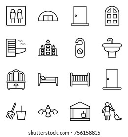 Thin line icon set : wc, hangare, door, arch window, hotel, do not distrub, sink, dresser, bed, crib, bucket and broom, hard reach place cleaning, utility room, brooming
