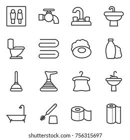 Thin line icon set : wc, water tap, sink, toilet, towel, soap, shampoo, plunger, hanger, bath, brush, paper