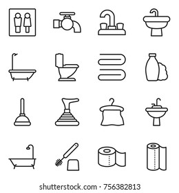 Thin line icon set : wc, water tap, sink, bath, toilet, towel, shampoo, plunger, hanger, brush, paper