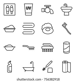 Thin line icon set : wc, uv cream, water tap, sink, washing, towel, soap, tooth brush, foam basin, cleanser powder, toilet, bath, paper