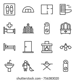Thin line icon set : wc, hangare, plan, hotel, hospital, do not distrub, dresser, bed, door, fireplace, hard reach place cleaning, water tap sink, brooming, iron board