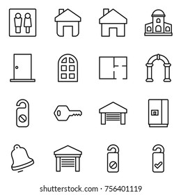 Thin line icon set : wc, home, mansion, door, arch window, plan, do not distrub, key, garage, fridge, bell, please clean