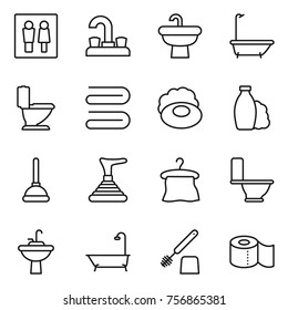 Thin line icon set : wc, water tap, sink, bath, toilet, towel, soap, shampoo, plunger, hanger, brush, paper